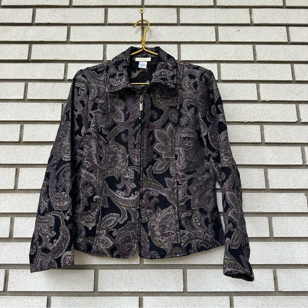 Phoenix Paisley Jacquard Zip Jacket Small Black Purple Olive Boho Y2K Festival